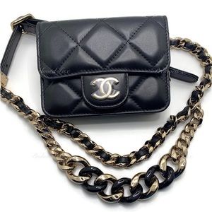 Authentic CHANEL Black Lambskin Mini Clutch Belt Waist Bag Gold Hardware